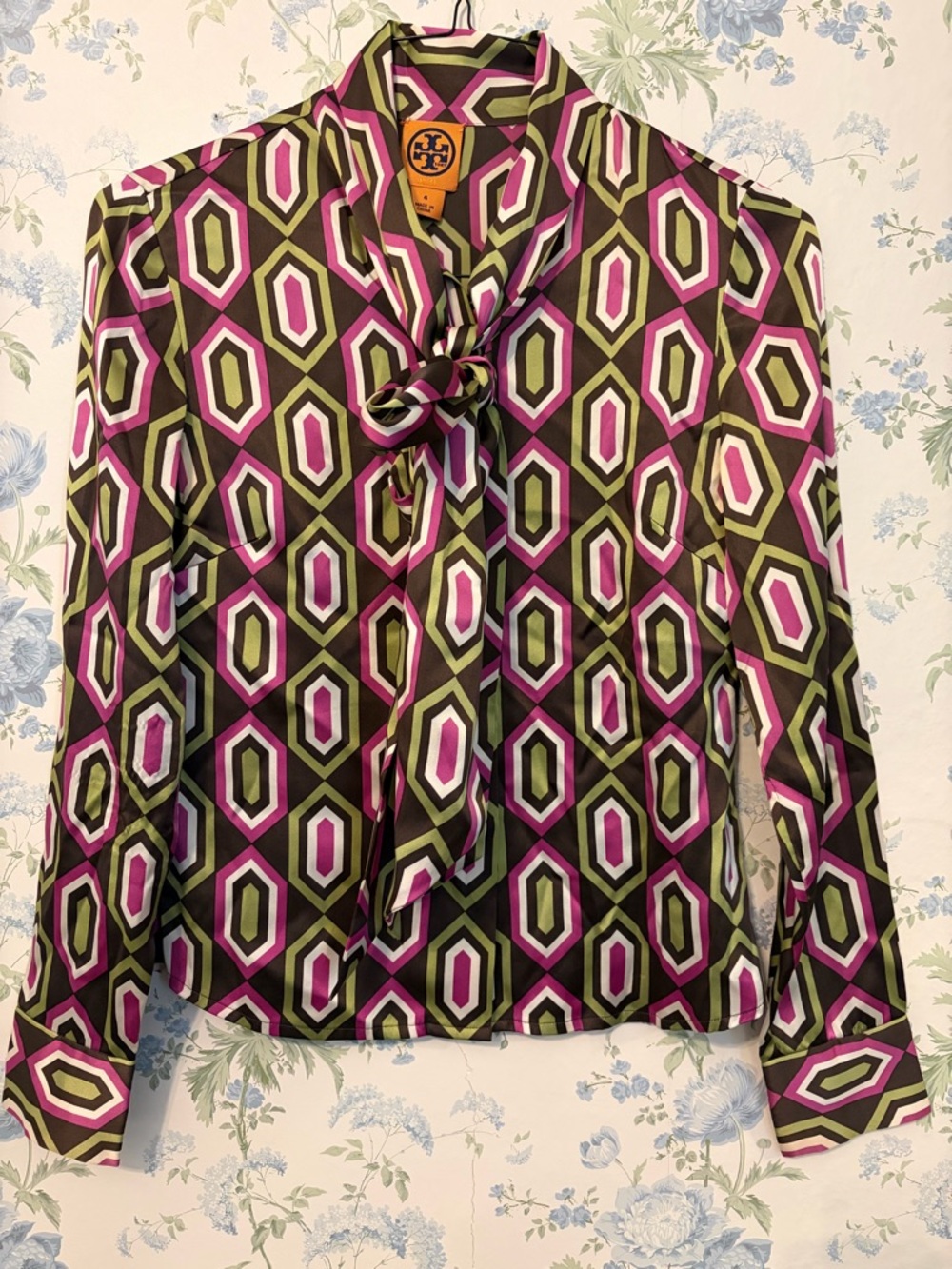 Tory Burch Olive & Pink Geometric Tie-Neck Blouse